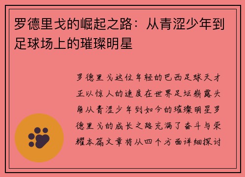 罗德里戈的崛起之路：从青涩少年到足球场上的璀璨明星